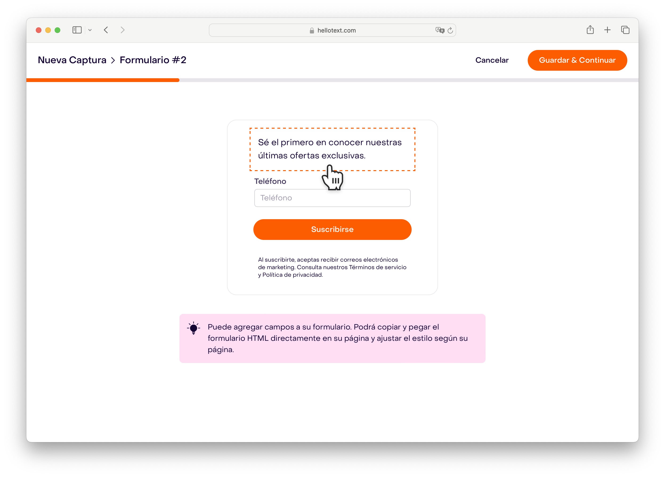 Editor del encabezado del Formulario de Sitio Web