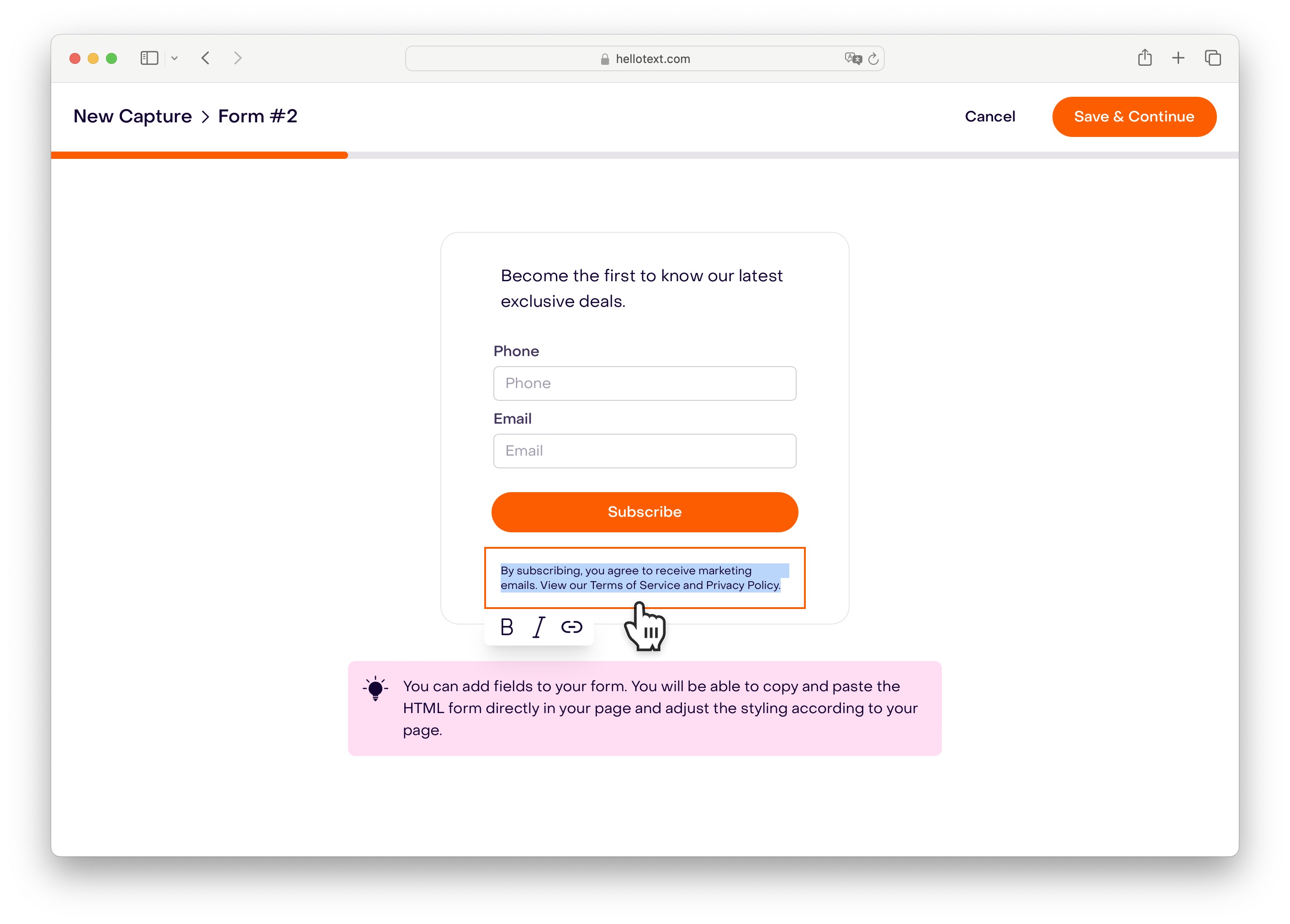 Website Form notice editor